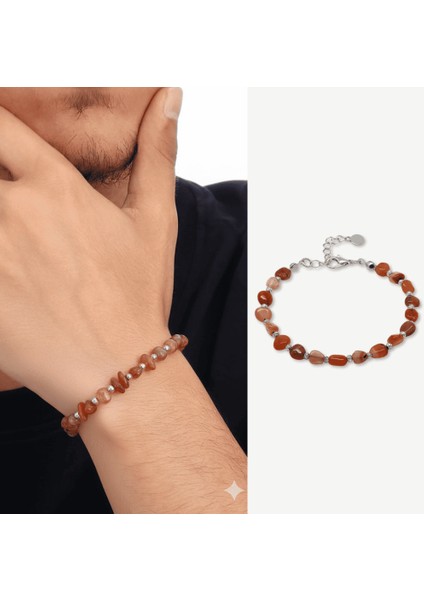 Gümüş Renk Metal Zincirli Dorika Top Süslemeli Amorf Kırmızı Beyaz Akik Doğaltaş Erkek Bileklik fiyatları