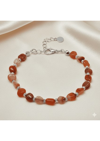 Gümüş Renk Metal Zincirli Dorika Top Süslemeli Amorf Kırmızı Beyaz Akik Doğaltaş Erkek Bileklik fırsatları