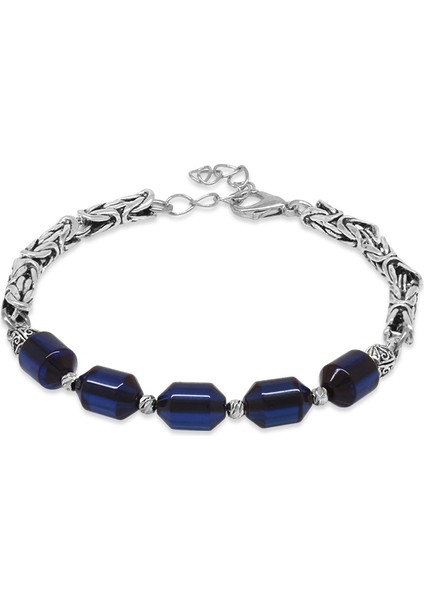 Kararmaz Metal Kral Zincirli Beyaz Dorika Top Süslemeli Lacivert Sıkma Kehribar Erkek Bileklik