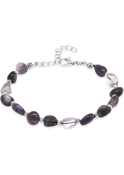 Gümüş Renk Metal Zincirli Dorika Top Süslemeli Amorf Ametist Doğaltaş Erkek Bileklik