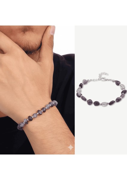 Gümüş Renk Metal Zincirli Dorika Top Süslemeli Amorf Ametist Doğaltaş Erkek Bileklik fiyatları