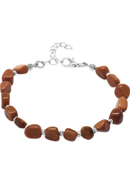 Gümüş Renk Metal Zincirli Dorika Top Süslemeli Amorf Kahverengi Yıldız Taşı Doğaltaş Erkek Bileklik