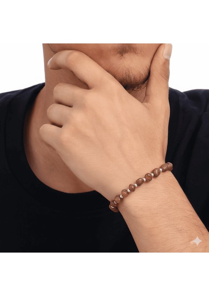 Gümüş Renk Metal Zincirli Dorika Top Süslemeli Amorf Kahverengi Yıldız Taşı Doğaltaş Erkek Bileklik modelleri