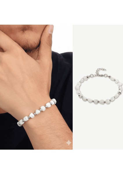 Gümüş Renk Metal Zincirli Dorika Top Süslemeli Amorf Ay Taşı Doğaltaş Erkek Bileklik fiyatları