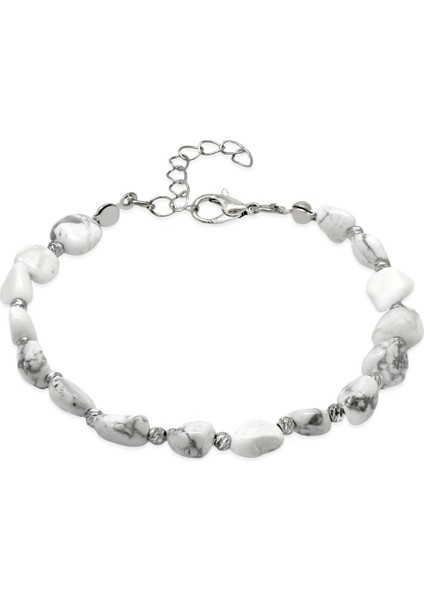 Gümüş Renk Metal Zincirli Dorika Top Süslemeli Amorf Havlit Doğaltaş Erkek Bileklik