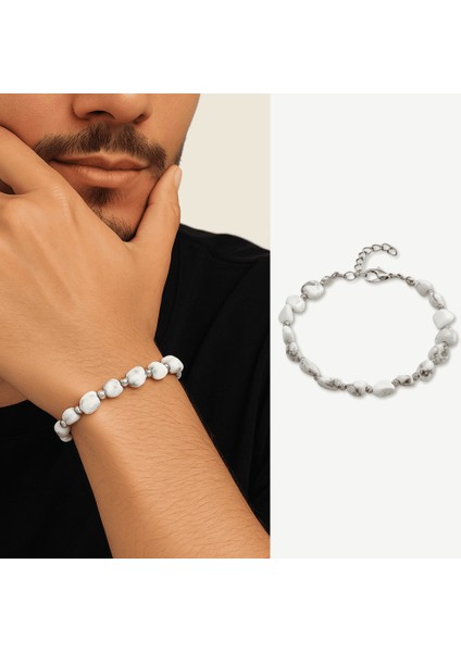 Gümüş Renk Metal Zincirli Dorika Top Süslemeli Amorf Havlit Doğaltaş Erkek Bileklik fiyatları