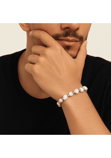 Gümüş Renk Metal Zincirli Dorika Top Süslemeli Amorf Havlit Doğaltaş Erkek Bileklik modelleri