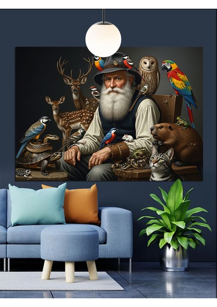 Yaşlı Adam Hayvanlar Dekoratif Kanvas - Mdf Ahşap Tablo fiyatları