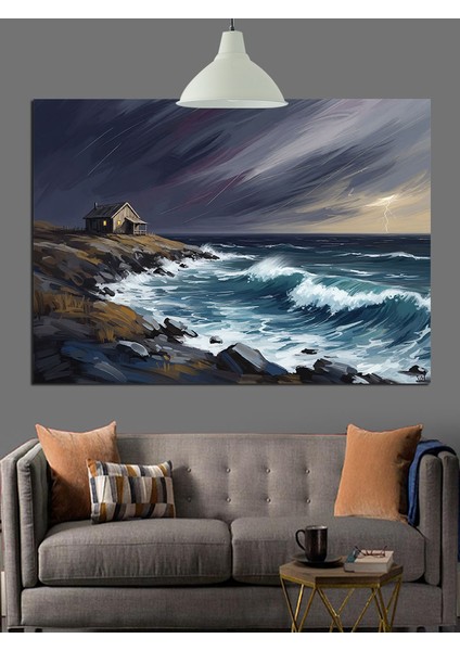 Fırtınalı Denizde Kayalıklar Dekoratif Kanvas - Mdf Ahşap Tablo