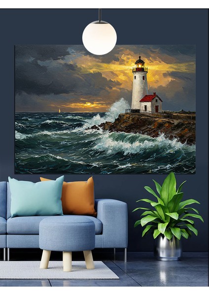 Deniz Feneri Fırtınalı Deniz Dekoratif Kanvas - Mdf Ahşap Tablo