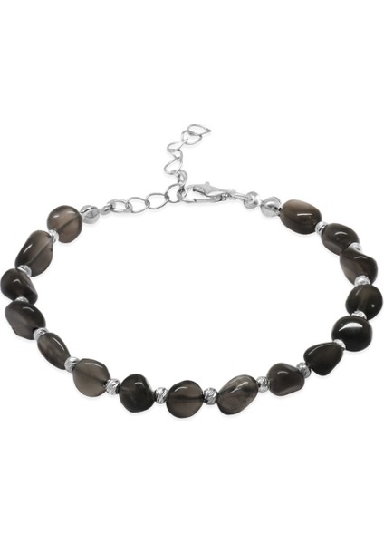 Gümüş Renk Metal Zincirli Dorika Top Süslemeli Amorf Dumanlı Kuvars Doğaltaş Erkek Bileklik