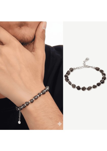 Gümüş Renk Metal Zincirli Dorika Top Süslemeli Amorf Dumanlı Kuvars Doğaltaş Erkek Bileklik fiyatları