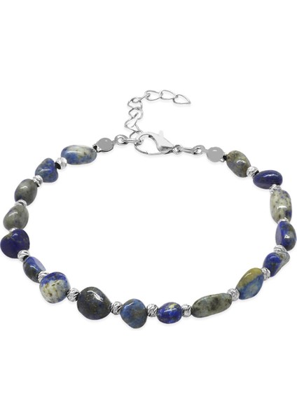 Gümüş Renk Metal Zincirli Dorika Top Süslemeli Amorf Lapis Doğaltaş Erkek Bileklik
