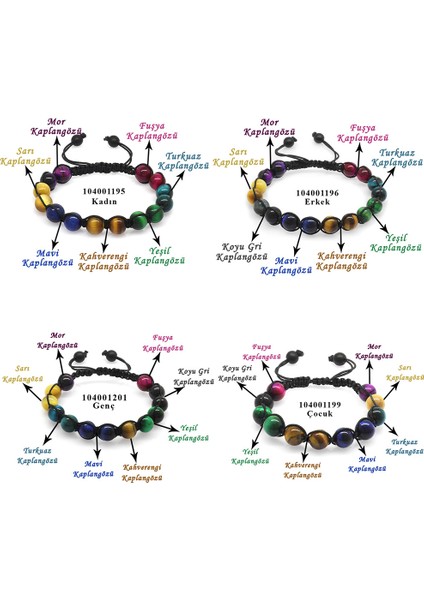 Makrome Örgülü Küre Kesim Kaplan Gözü Doğaltaş Bileşim Aile Enerji Bilekliği 4 Lü Set