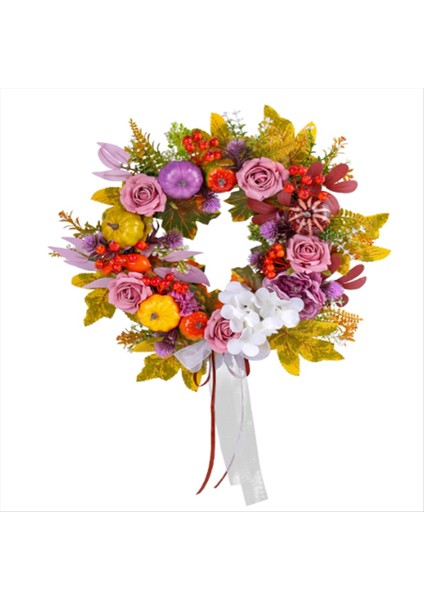 Sonbahar Dekoru - Çiçek Açan Ipek Gülü ile Ön Kapı Için Sonbahar Çelenkleri, Hayat Benzeri Sonbahar Balkabağı Mor Çilek ve Yay (Yurt Dışından)