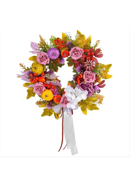 Sonbahar Dekoru - Çiçek Açan Ipek Gülü ile Ön Kapı Için Sonbahar Çelenkleri, Hayat Benzeri Sonbahar Balkabağı Mor Çilek ve Yay (Yurt Dışından) fırsatları