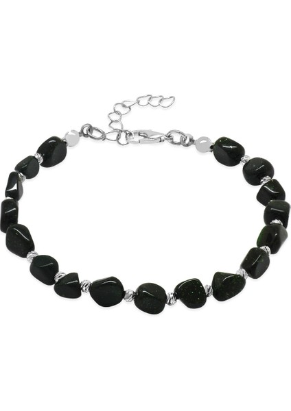 Gümüş Renk Metal Zincirli Dorika Top Süslemeli Amorf Yeşil Yıldız Taşı Doğaltaş Erkek Bileklik