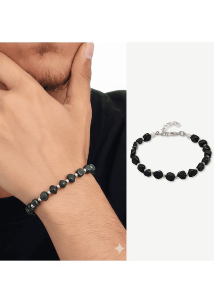 Gümüş Renk Metal Zincirli Dorika Top Süslemeli Amorf Yeşil Yıldız Taşı Doğaltaş Erkek Bileklik fiyatları