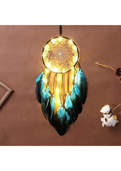1set Dreamcatcher LED Lamba ile Tüylü Mavi Ağaç, El Yapımı Kızılderililer Duvar Asma Deco Için Geleneksel Dairesel Ağ (Yurt Dışından) fiyatları