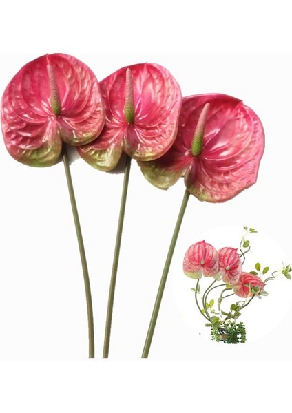 3 Pcs 22.8inch Yapay Anthuryum Çiçekler Ev Dekoru Buket ve Yeşil Yaprak ve Gelin Düğün Dekorasyonu (Pembe) (Yurt Dışından) fırsatları