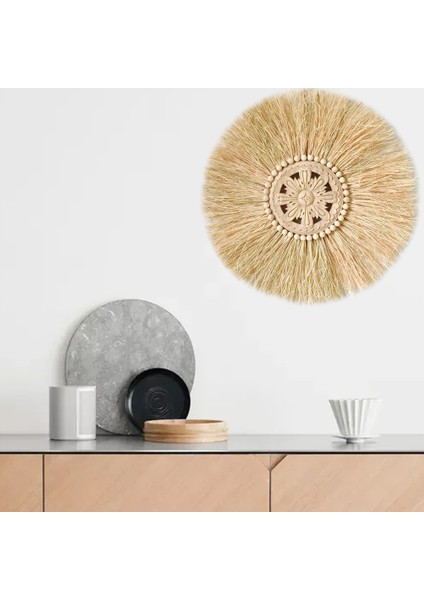 Boho El Yapımı Dokuma Saman Duvar Dekor Fas Ahşap Boncuklar Duvar Asılı Süsleme Yuvarlak Oturma Odası Için Ev Dekorasyon D (Yurt Dışından) fırsatları