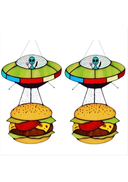 2pcs Ufo Kaçırtı Bir Hamburger Vitray Suncatcher Ufo Hamburger Asılı Cam Suncatcher (Yurt Dışından)