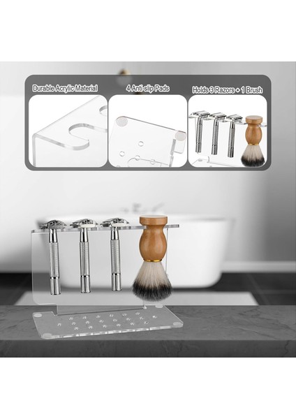 Akrilik Ustura ve Fırça Standı, Açık, Alan Tasarrufu Sağlayan Tasarım, Çoğu Tıraş Aleti ile Uyumlu, 3 Tıraş Makinesi ve 1 Fırça Tutar (Yurt Dışından) modelleri