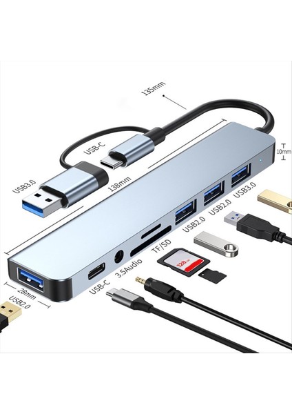 8 In 2 USB + Tip C Hub Yerleştirme Istasyonu ile 3 5mm Ses Jak Adaptörü Sd Kart Okuyucu Dizüstü Tablet Disk Dönüştürücü (Yurt Dışından) fiyatları