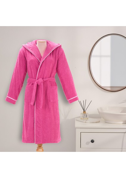 Bornoz | %100 Pamuk-Kapüşonlu-Biyeli-Cepli-Fuşya