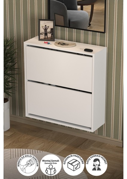 Düşer Kapak Ayakkabılık 2 Bölmeli Kayar Raflı Ayakkabılık Duvara Monte Ayakkabılık Peri Beyaz