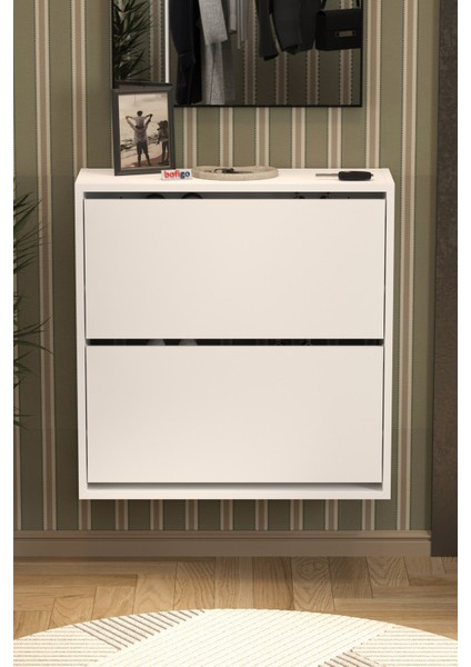 Düşer Kapak Ayakkabılık 2 Bölmeli Kayar Raflı Ayakkabılık Duvara Monte Ayakkabılık Peri Beyaz fırsatları