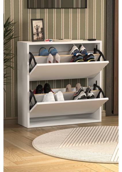 Düşer Kapak Ayakkabılık 2 Bölmeli Kayar Raflı Ayakkabılık Duvara Monte Ayakkabılık Peri Beyaz