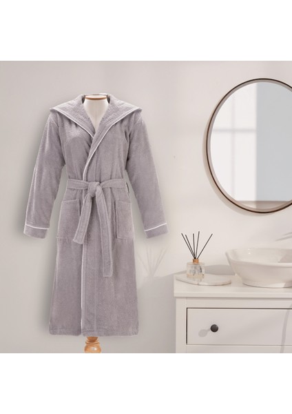 Bornoz | %100 Pamuk-Kapüşonlu-Biyeli-Cepli-Gri-Unisex