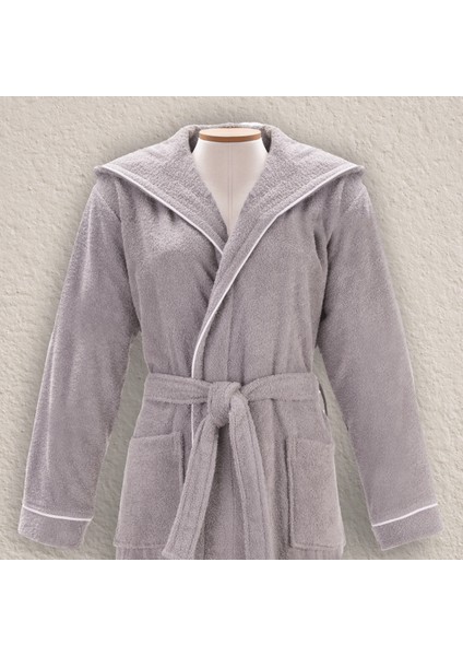 Bornoz | %100 Pamuk-Kapüşonlu-Biyeli-Cepli-Gri-Unisex modelleri