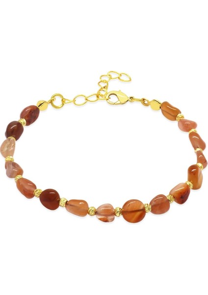 Altın Renk Metal Zincirli Dorika Top Süslemeli Amorf Kırmızı Beyaz Akik Doğaltaş Kadın Bileklik