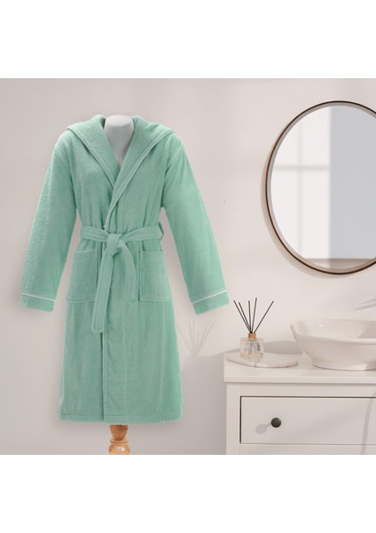 Bornoz | %100 Pamuk-Kapüşonlu-Biyeli-Cepli-Mint Green