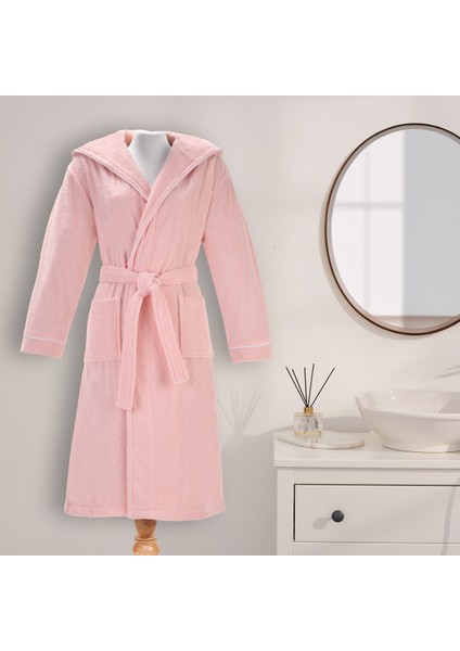 Bornoz | %100 Pamuk-Kapüşonlu-Biyeli-Cepli-Pembe