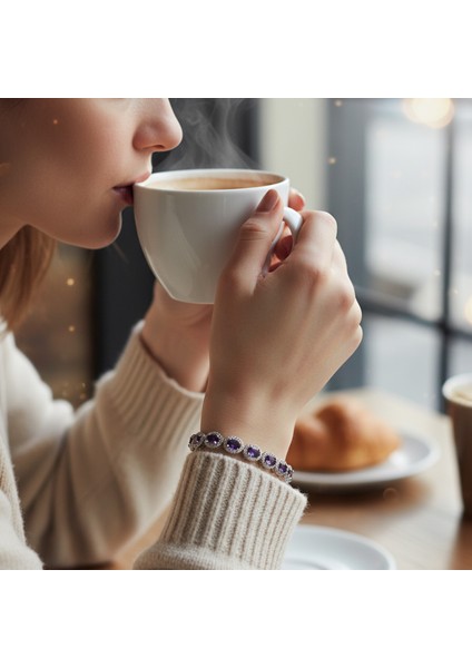 Gümüş Ametist Rengi Zirkon Taşlı 925 Ayar Kadın Bileklik - Doğum Günü, Sevgililer Günü, Anneler Günü, Yıldönümü Hediyesi - 18CM