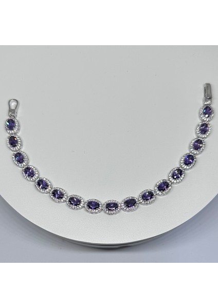 Gümüş Ametist Rengi Zirkon Taşlı 925 Ayar Kadın Bileklik - Doğum Günü, Sevgililer Günü, Anneler Günü, Yıldönümü Hediyesi - 18CM