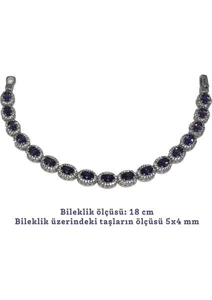 Gümüş Ametist Rengi Zirkon Taşlı 925 Ayar Kadın Bileklik - Doğum Günü, Sevgililer Günü, Anneler Günü, Yıldönümü Hediyesi - 18CM