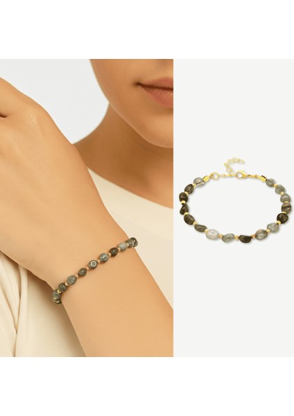 Altın Renk Metal Zincirli Dorika Top Süslemeli Amorf Labradorit Doğaltaş Kadın Bileklik fiyatları