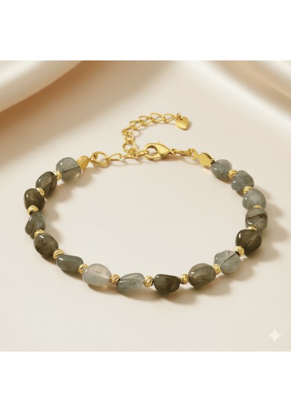 Altın Renk Metal Zincirli Dorika Top Süslemeli Amorf Labradorit Doğaltaş Kadın Bileklik fırsatları