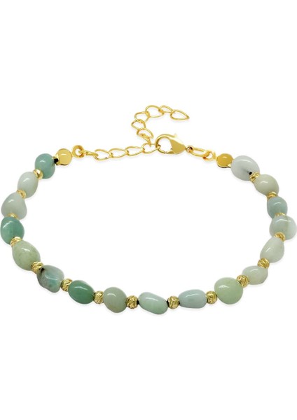 Altın Renk Metal Zincirli Dorika Top Süslemeli Amorf Amazonit Doğaltaş Kadın Bileklik