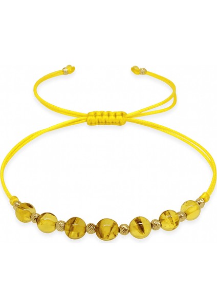 Makrome Örgülü Küre Kesim Sarı Ipli Dorika Top Süsleme Sarı Renk Doğal Damla Kehribar Kadın Bileklik