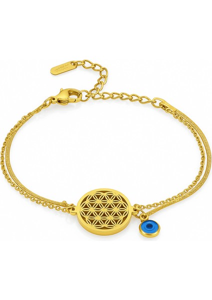 Kadın Çelik Bileklik - Snake Forsa Zincirli - Hayat Çiçeği Detaylı - Nazar Boncuklu - Altın Renk