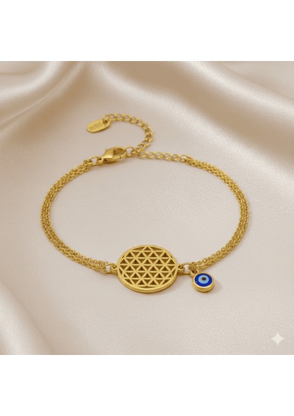 Kadın Çelik Bileklik - Snake Forsa Zincirli - Hayat Çiçeği Detaylı - Nazar Boncuklu - Altın Renk fırsatları