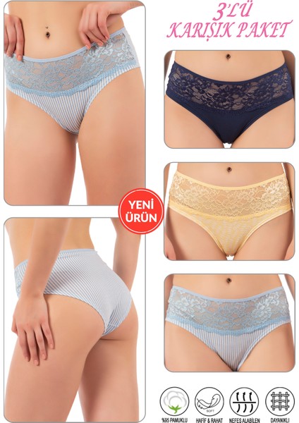Özkan 26691 Kadın 3'lü Paket Desenli %95 Pamuklu Likralı Dantel Detaylı Rahat Slip Külot