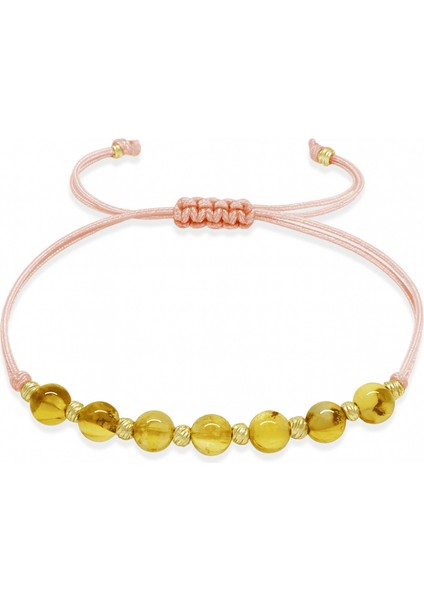 Makrome Örgülü Küre Kesim Pembe Ip Dorika Top Sarı Renk Fosilli Doğal Damla Kehribar Kadın Bileklik