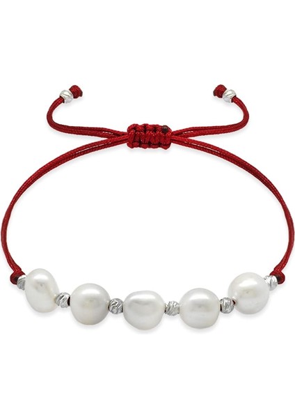 Makrome Örgülü Naturel Kesim Kırmızı Ipli Beyaz Dorika Top Süslemeli Doğal Inci Kadın Bileklik