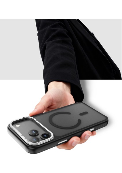 iPhone 17 Air Uyumlu Kılıf M-Safe Şarj Özellikli Metal Kamera Standlı Lenyes CK226 Pc Kapak Siyah modelleri